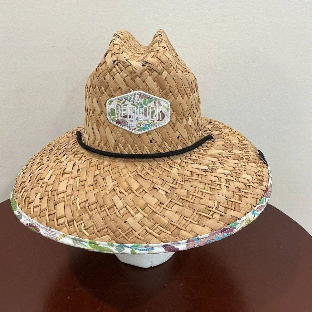 Hemlock Hat Company Straw Beach Sun Hat One Size Chin Strap Elephant Print